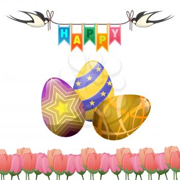 Happy Easter greeting hold by two swallows, decorated ornamental eggs and beautiful pink tulips. Colored eggs and festive flowers isolated on white. Vector illustration easter greeting card design