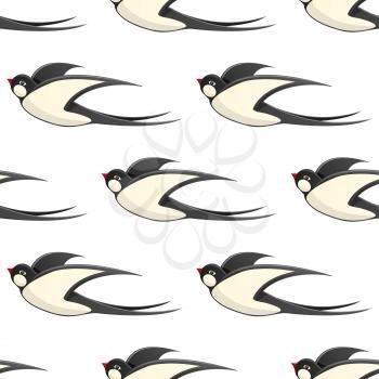 Flying swallows seamless pattern. Common house martin with straightened wings flat vector on white background. Flying bird illustration for wrapping paper, prints on fabric, greeting cards design