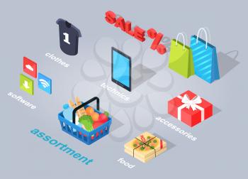 Set of electronic commerce. Vector illustration of three icons of software, assortment of products, italian food, accessories in red present, mobile phone of technics, summer clothes, interest sale.