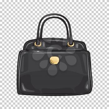 Black lady's bag close-up fashion accessory flat design web banner on transparent background. Trendy accessory of every woman. Vector illustration in cartoon style for infographics, websites and app.
