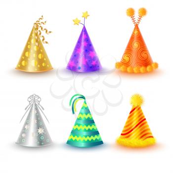 Set of different festive caps in cartoon style on white background. Triangular hood various colors gold purple silver orange green yellow with buboes and stars vector illustration flat design