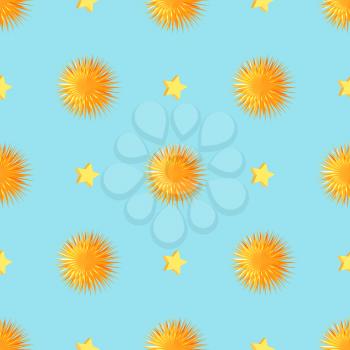 Starry seamless pattern with orange sea urchins. Yellow fluffy pompons and five-pointed stars vector illustrations on blue background for wrapping paper, greeting cards or invitations, print design