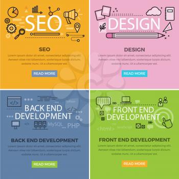 Set of internet technology web banners. SEO and design web templates. Back end and front development developing square concepts with vector line art pictogram and icons for company landing page
