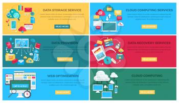 Data storage and cloud computing services, data provision and recovery services, web optimization vector web banner with pictures and written text on yellow, blue, green and ruddy backgrounds