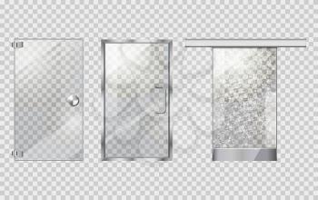 Glass door collection on transparent background. Simple glass door with long handle, with stripes and rounded handle, with flowers and extraordinary door handle. Vector picture of objects for building