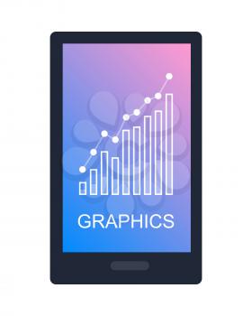 Graphics on isolated smartphone screen on white. Vector illustration of rising column chart showing progress in flat style. Icon of diagram with white point on top and inscription underneath