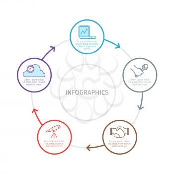 Sequence of business processes infographics. Laptop, wrench in hand, handshake, spyglass and cloud line pictograms in colors circles connected arrows vector on white. Circulation of work tasks concept
