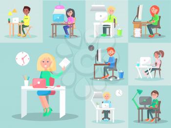 Employees work at computers in office. Characters working as designers, freelancers at home, business managers with coffee, woman in headphones, people in glasses. Vector illustration of studying