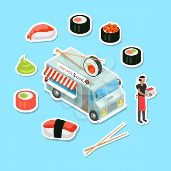 Japan food eatery on wheels. Car van with sushi in chopsticks on roof and deliveryman surrounded fresh sushi rolls and sauce isometric vector illustration. Fast food delivery concept for restaurant ad