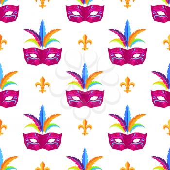 Mardi Gras festival mask wrapping paper. Vector carnival colorful seamless pattern with masks with feathers and decorative elements. Mardi Gras endless textile for wallpaper design, textile fabric