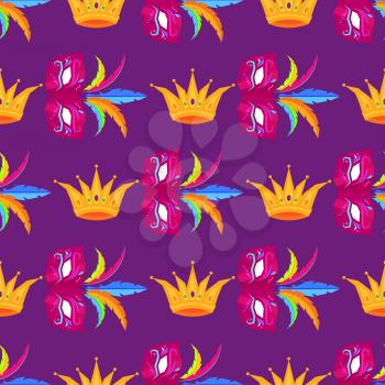 Mardi Gras festival mask and crown wrapping paper. Vector carnival colorful seamless pattern with masks with feathers and golden crown with stones. Mardi Gras decorative elements endless textile