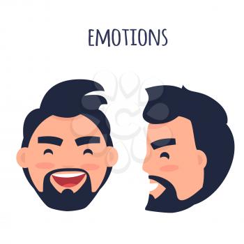 Men Emotions. Man with beard and pink cheeks laughing with open mouth. Face from two different angles of view isolated on white background. Cartoon happy male character vector illustration.