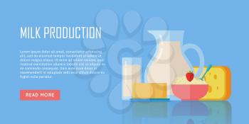 Milk production banner. Different traditional dairy products from milk on blue background. Milk, curd, cheese and yogurt. Assortment of dairy products. Farm food. Dairy website template.