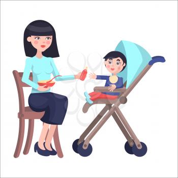 Young mother sits on chair and gives bottle to cute baby boy, who sits on baby carriage on white background. Cartoon family moment. Vector illustration for Mother day. Motherhood concept.
