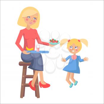 Young blond mother sits on chair with tray and feeds her little daughter with strawberries, banana and some drink. Motherhood concept cartoon family. Vector illustration for Happy Mother Day.
