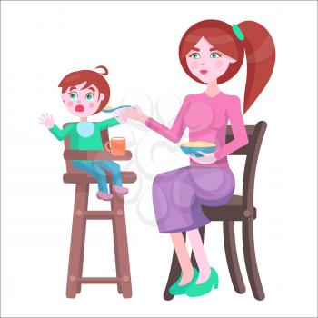 Young redhead mother with bowl full of porridge, feeds crying baby boy, who sits on highchair on white background. Illustration of motherhood. Cartoon family moment vector for Mother day.