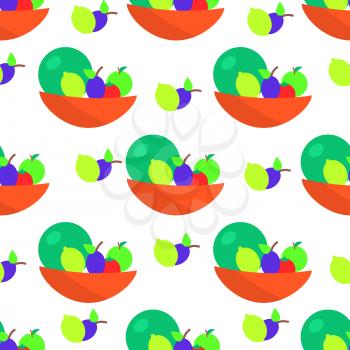 Colorful fruits cartoon seamless pattern. Pomelo, apple, lemon and plum in in bowl flat isolated flat vector. Edible plants ornament with repeating elements for wrapping paper, cards and prints