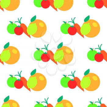 Fruits and vegetables cartoon seamless pattern. Orange, apple, tomato and carrot flat vector isolated on white.  Edible plants ornament with repeating elements for wrapping paper, cards and prints  