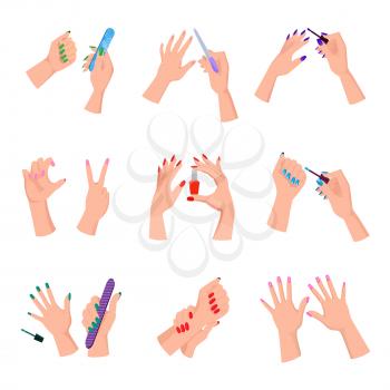 Women arms with colorful manicured nails set. Arms hold nail varnish bottle, files, brushes and manicure demonstration gesture isolated on white background. Salon beauty service vector illustration.