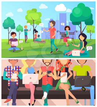 Set of people and technology in cartoon style consists of two parts. People having rest in city park and humans sitting on dark bench playing with laptops, tablets and mobilephone vector illustration