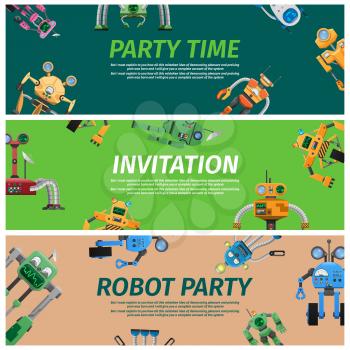 Bright invitation to robot party time vector illustration. Unusual festive event with artificial intelligence machines. Celebration of modern technologies progress and great science achievements.