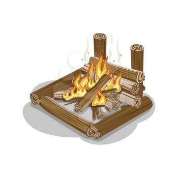 Bonfire from logs with flame isolated on white. Fireplace warm concept for preparing food or getting warm in flat design. Vector illustration of isolated firewood in square shape with burning flame
