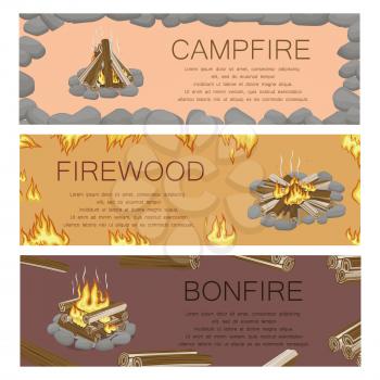 Campfire firewood and bonfire colorful poster. Vector collection of touristic fire with flame kinds pictures with frame of grey stones, burning flame and wooden logs. Burning bonfire template