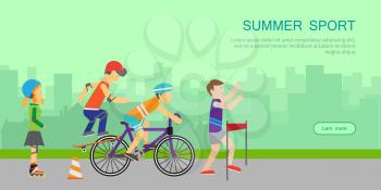 Summer sport banner. Healthy lifestyle fun concept. People in sports uniforms riding a bike, roller skating, skateboarding and running on background of urban landscape. Leisure activities