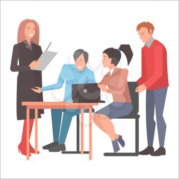 People resolving issues on computer in startup company isolated on white. Vector illustration of male and female sitting and standing at table and discussed matters of partnership with open notebook.