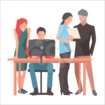 Four people work on their startup, with computer and documents, isolated on white background. Team consists of modern people, two men and two women. Vector illustration of brainstorm process.