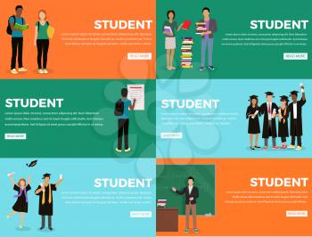 Student everyday life process colourful web banner with orange, green and blue backgrounds. Students holding books, looking at schedule, standing near blackboard and graduating from university