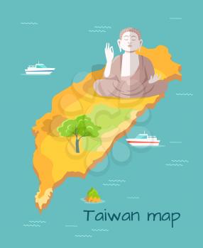 Cartoon Taiwan map with huge Buddha statue, green tree and small boats. Chinese island in Pacific Ocean vector illustration. Taiwan famous places exploration. Sightseeing of authentic places.