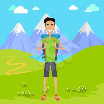 Smiling young tourist with backpack on background of mountain landscape. Smiling young man in shorts, with backpack full of supplies, ready for trip. Mountain tourism concept in cartoon design style