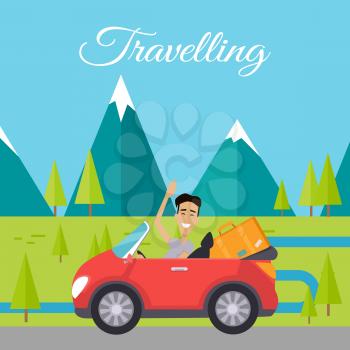 Traveling by car. Happy man waving while driving his car on background of mountain landscape. Happy tourist. Travel car with baggage. Smiling young man personage. Flat design vector illustration.