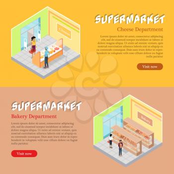 Supermarket cheese and bakery department isometric projection banners. Customers buying goods in grocery store vector illustrations. Daily products shopping horizontal concepts for mall landing page