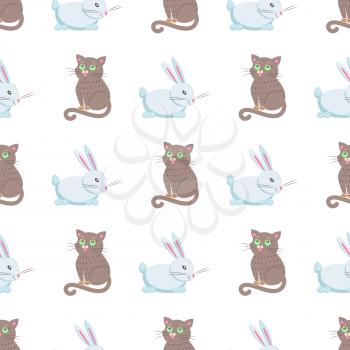Seamless pattern of cute eared rabbit and grey cat vector flat cartoon sticker or icon outlined with dotted line isolated on white. Domestic animal illustration for game counters, price tags