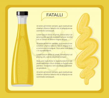 Fatalli sauce framed banner with sample text. Traditional seasoning from hot chili pepper in glass bottle flat vector. African national cuisine ingredient illustration for restraint menus design