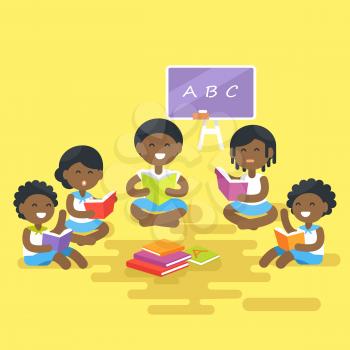 African children sit in circle with books pile in center, learn reading, blackboard with chalk stands behind vector illustration on yellow background.