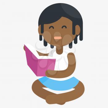 Unhappy African little girl reading book isolated on white. Vector graphic illustration of sitting student unwilling to study