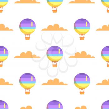 Hot air balloon with basket flying in sky seamless pattern isolated on white background. Vector illustration of romantic means of transport