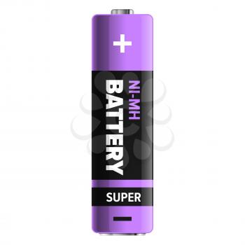 Super nickel-metal hydride type of powerful and compact battery isolated on white. Qualitative energy container for long usage in purple and black colors. Small galvanic appliance vector illustration.