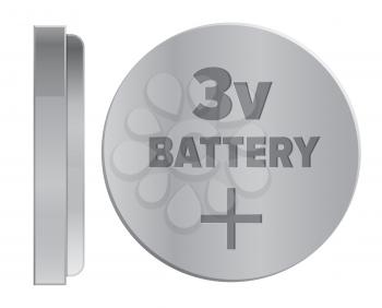 Compact round silver 3v battery isolated on white background. Qualitative energy container for small electronic devices. Mini galvanic appliance to support power content vector illustration.