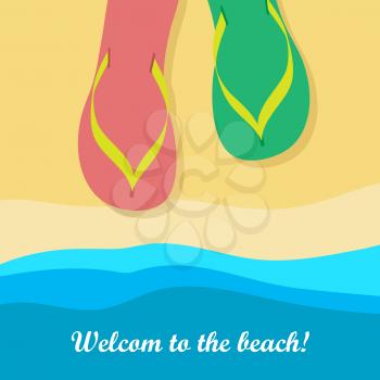 Welcome to beach. Pair of colorful flip flops on the sand near the sea. Summer rubber casual shoes slippers. Sandals icon. Traveling vacation banner poster. Footwear for rest. Flat style. Vector