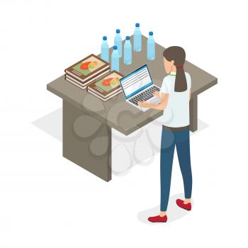 Young business woman standing and practicing on computer isolated on white. Five books or reports with charts, six bottle with water and open laptop lying on table vector illustration flat design.
