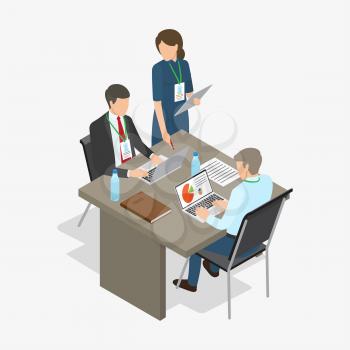 Three workers, two men sit at table with laptops, bottles of water, book and documents, and woman stands and points at one of monitors, on white background. Vector illustration of work process.