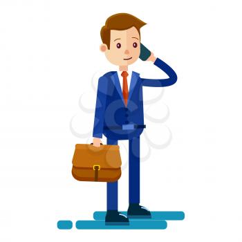 Cartoon businessman in blue suit, red tie and with brown briefcase talks by phone isolated on white background. Male cartoon flat character icon. Lifestyle of businessman vector illustration.