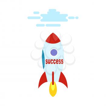 Success in the form of rocket flies straight to heaven in cartoon style. Achieve top in business and hop off above clouds. Vector illustration of success in business. Rocket startup isolated on white