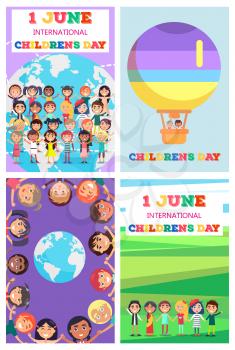 International Children s Day greeting cards collection. 1 June international holiday template vector poster with entertaining kids.
