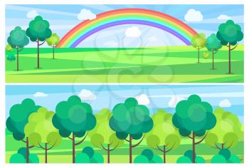 Picturesque scenery landscape with colorful rainbow. Blue river and green trees growing on banks. Vector illustration of clean environment