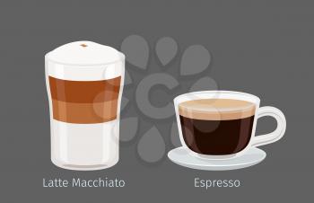 Coffee cups with Latte Macchiato and Espresso on grey background with name signs under each. Kinds of Italian coffee. Minimalist isolated vector illustration of hot drinks for coffee shops and cafes.